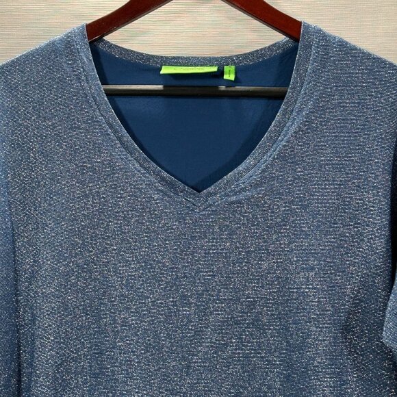 LOGO Lori Goldstein Womens Medium Tunic Top Blue Silver Metallic Sparkle - Picture 2 of 6